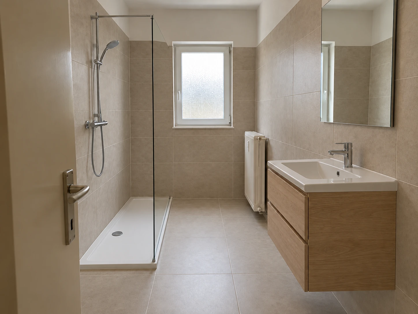 Derselbe schmale Raum mit Walk-in-Dusche, großen warmgrauen Fliesen und Eichenwaschtisch