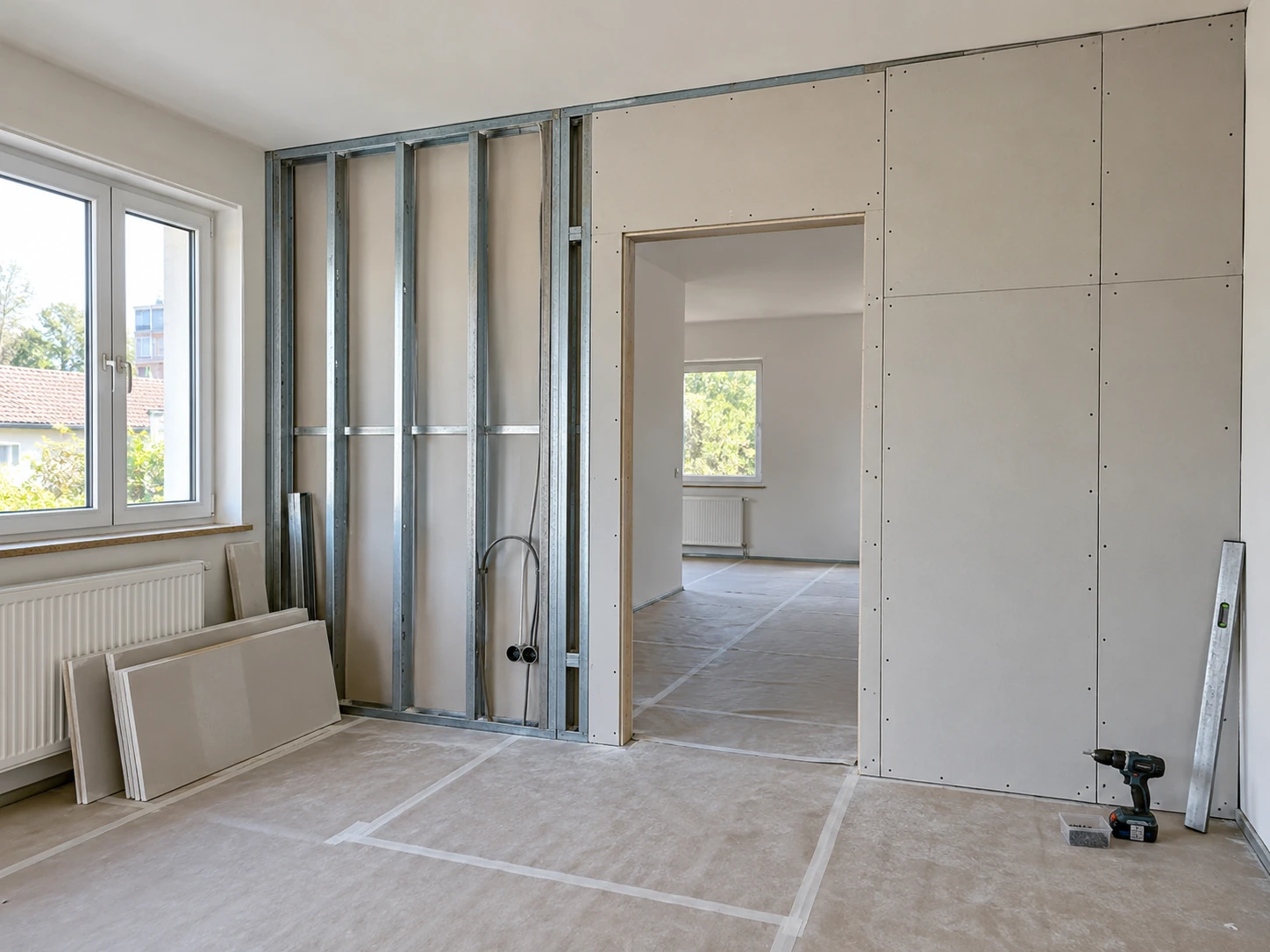 Teilweise beplankte Trockenbauwand mit sichtbarem Metallständerwerk in einem leeren Raum