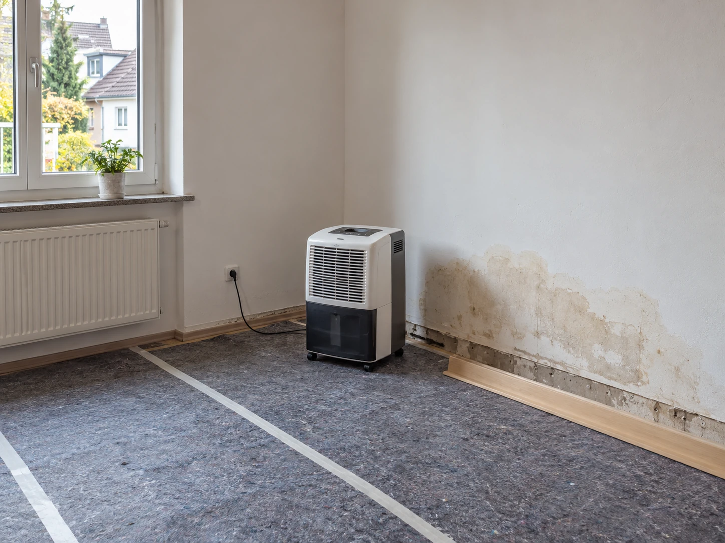 Leerer Raum mit begrenzten Feuchtigkeitsspuren an der Wand und einem Trocknungsgerät